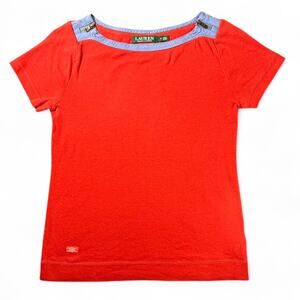 Lauren Ralph Lauren Boatneck Top Womens M Chambray Zippers Y2K VTG Nautical Prep